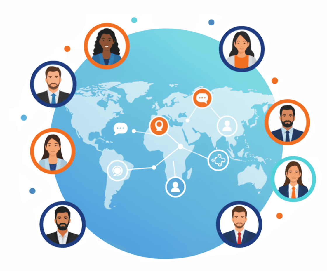 Professional global network with holographic interfaces connecting interpreters across the world