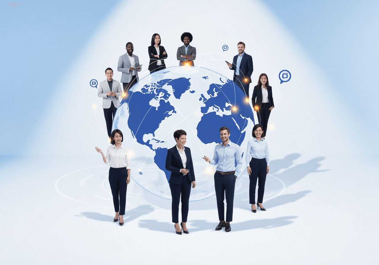 Diverse team of interpreters and professionals collaborating across a digital globe, connected through technology and language