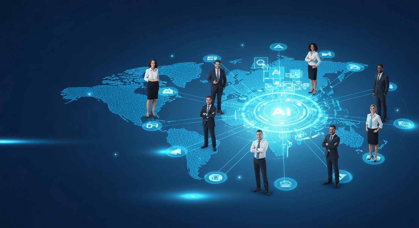 Modern 3D corporate illustration showing diverse global professionals connected through AI-powered digital network hub with glowing connections, representing Defrilex's technology platform for interpretation services