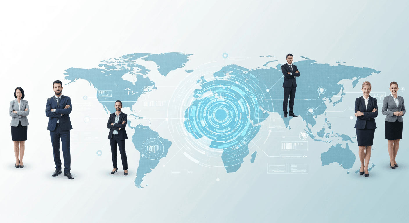 Centered global digital network connecting professional interpreters through AI-powered technology with balanced composition