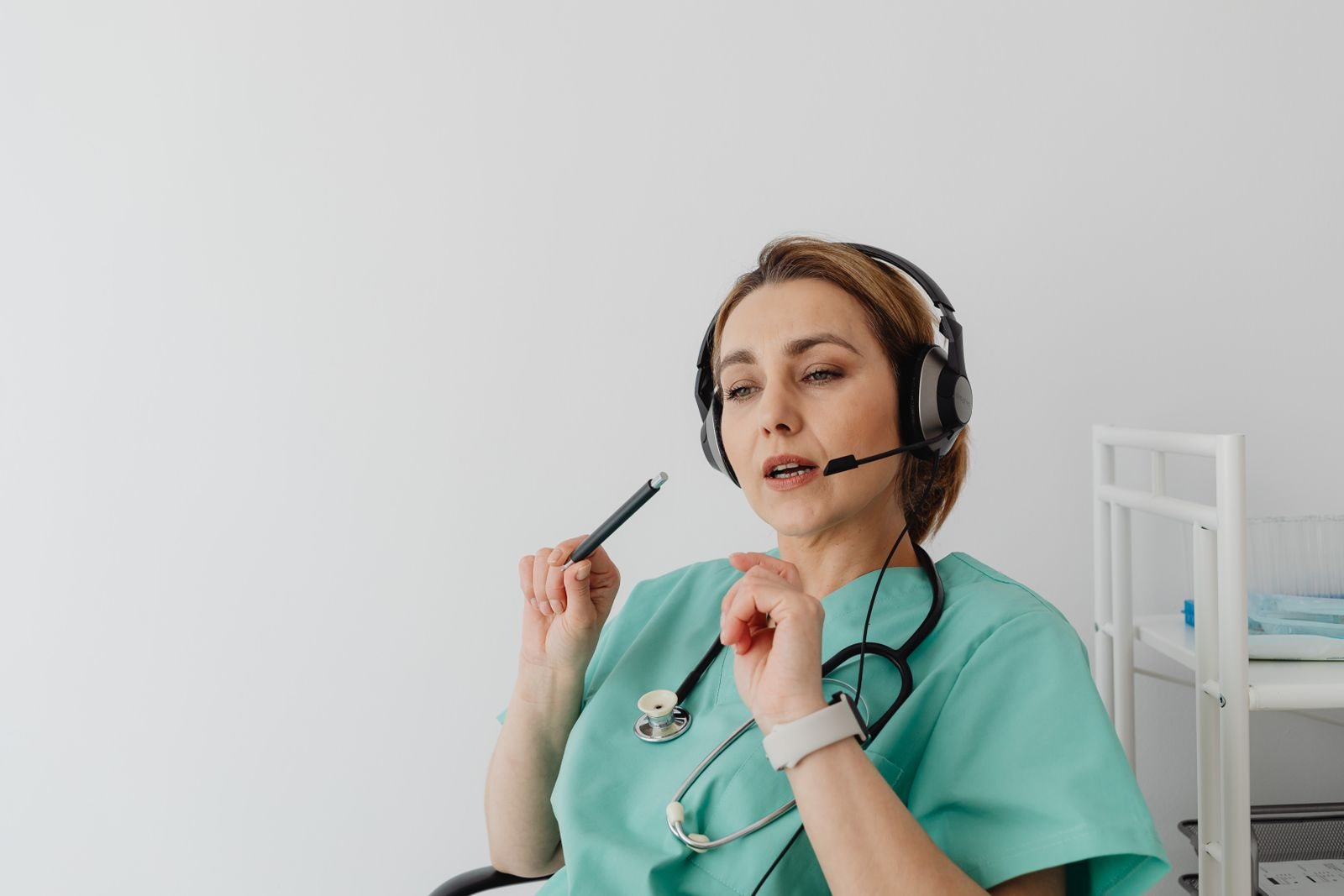 A healthcare interpreter with a headset